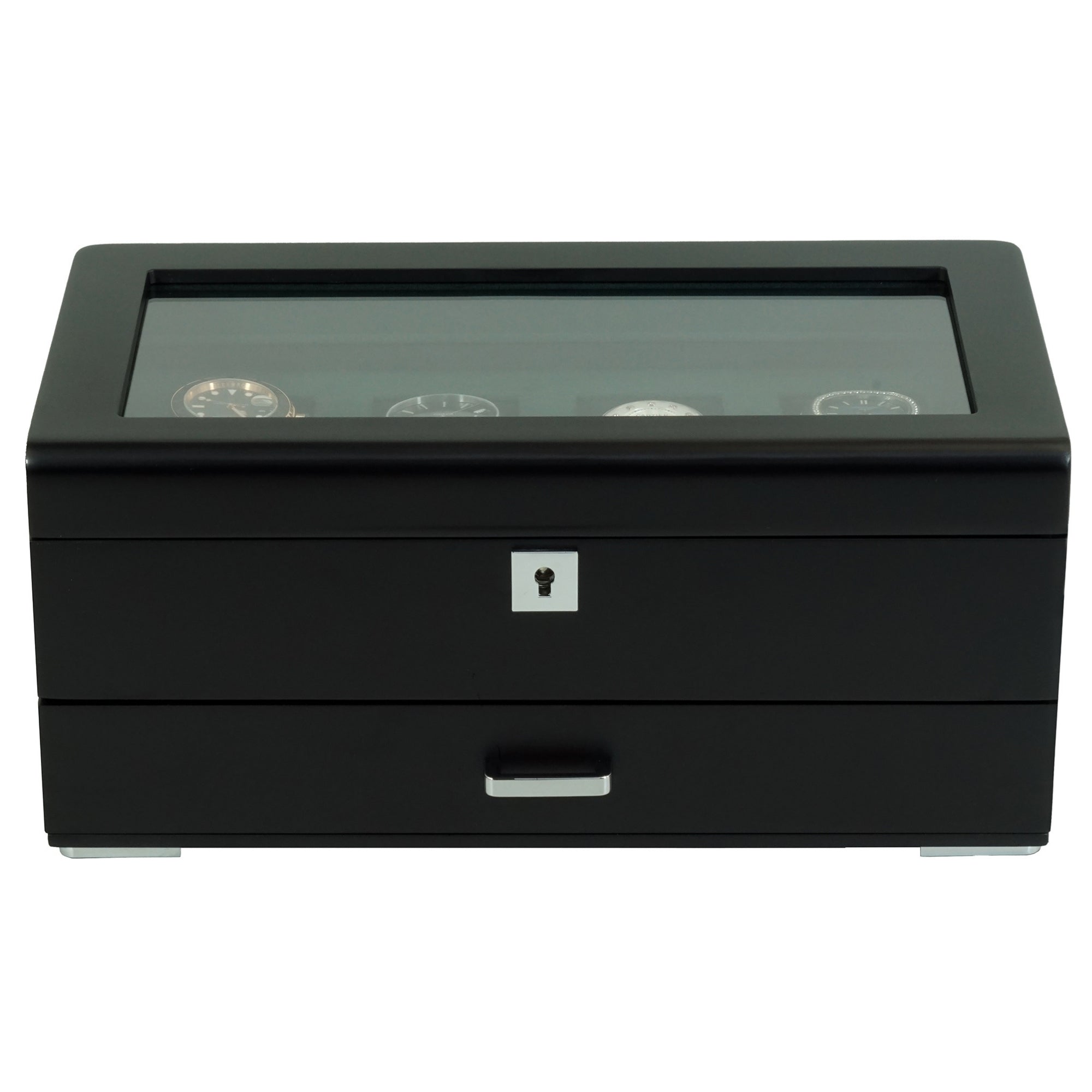 B-Ware – Uhrenbox aus Holz mit 4 Fächern, grünem Interieur und Schublade (A)