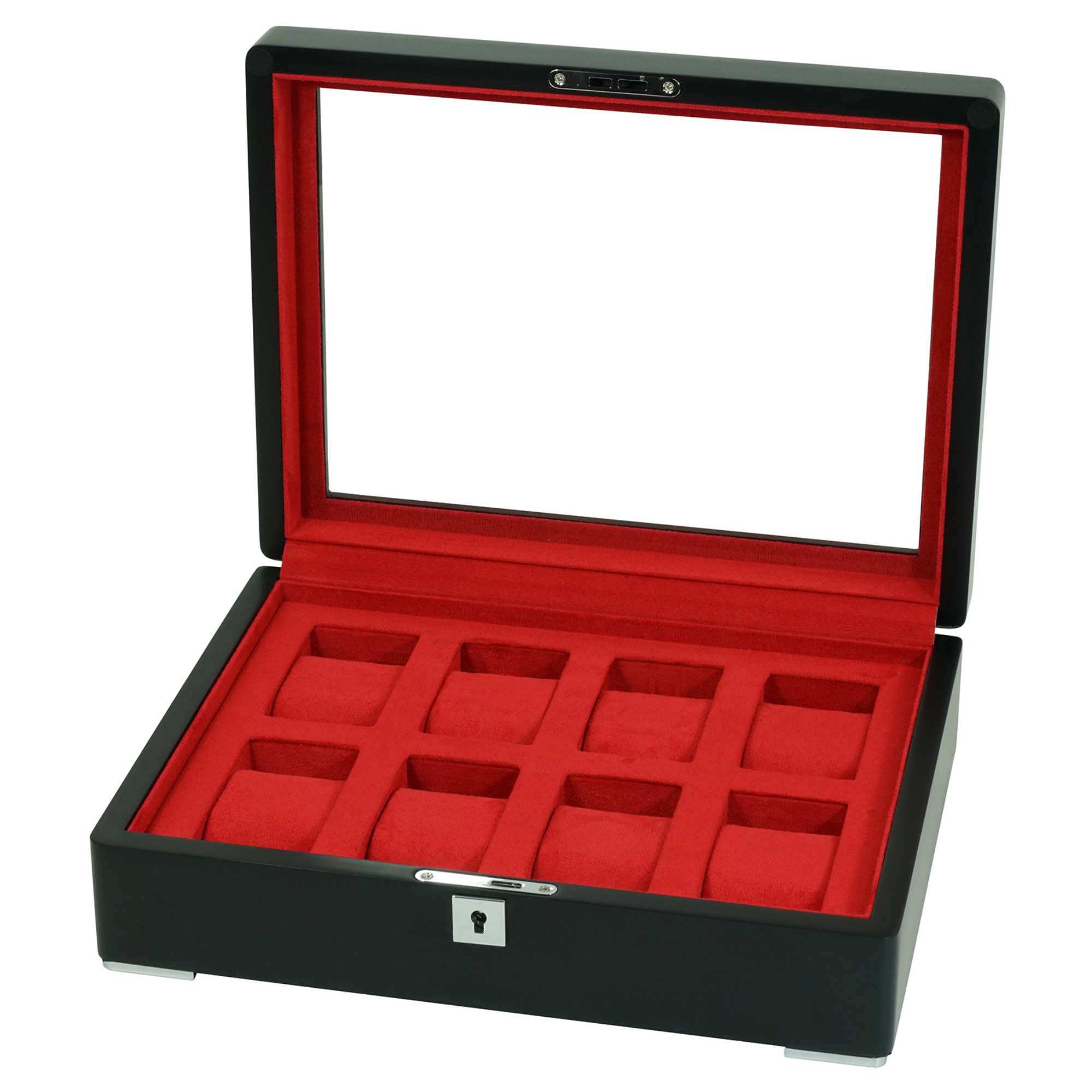 8-Fächer Schwarze Holz-Uhrenbox mit Rotem Innenraum