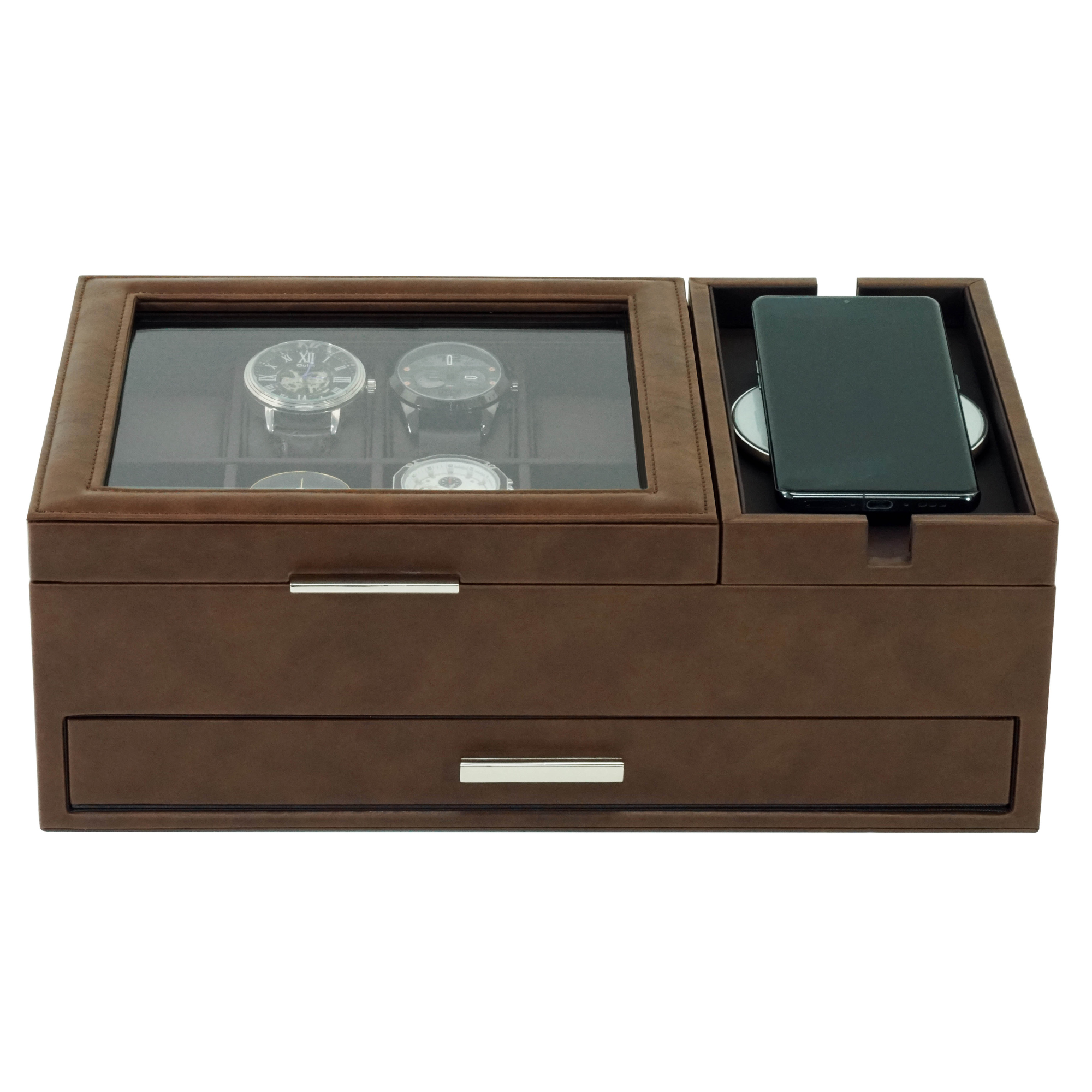8-Fächer-Uhrenbox mit Utensilienablage und Schublade in Braun