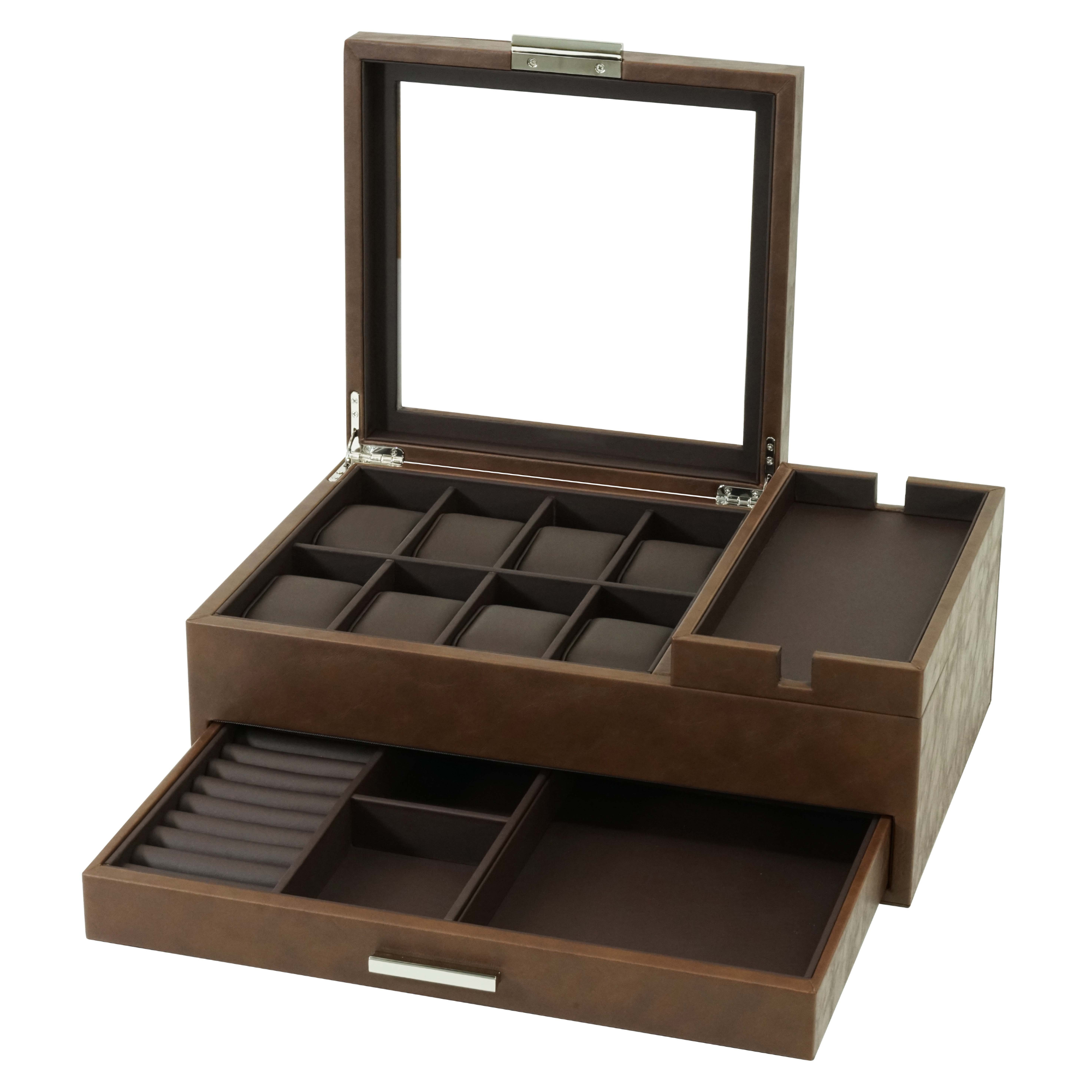 8-Fächer-Uhrenbox mit Utensilienablage und Schublade in Braun