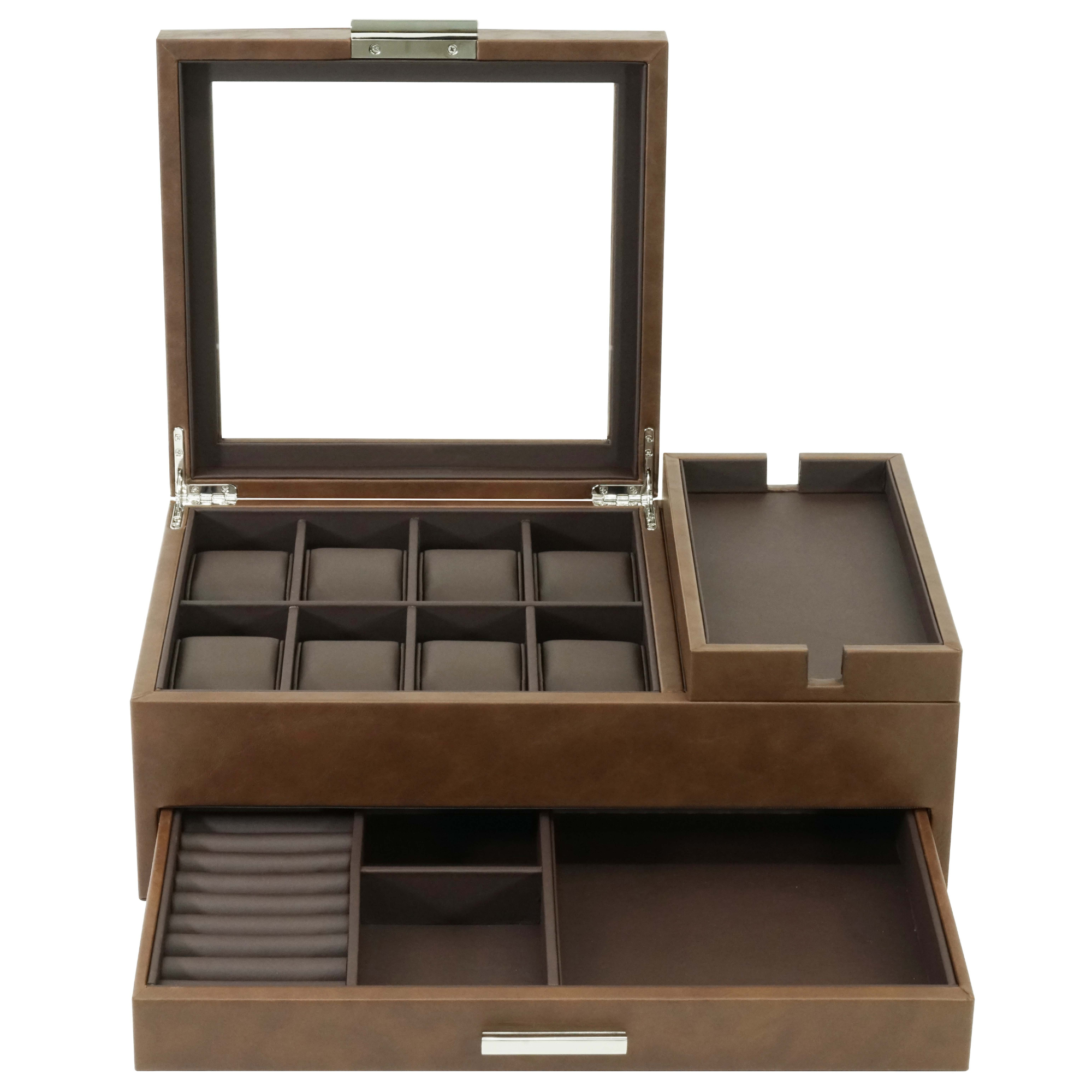 8-Fächer-Uhrenbox mit Utensilienablage und Schublade in Braun