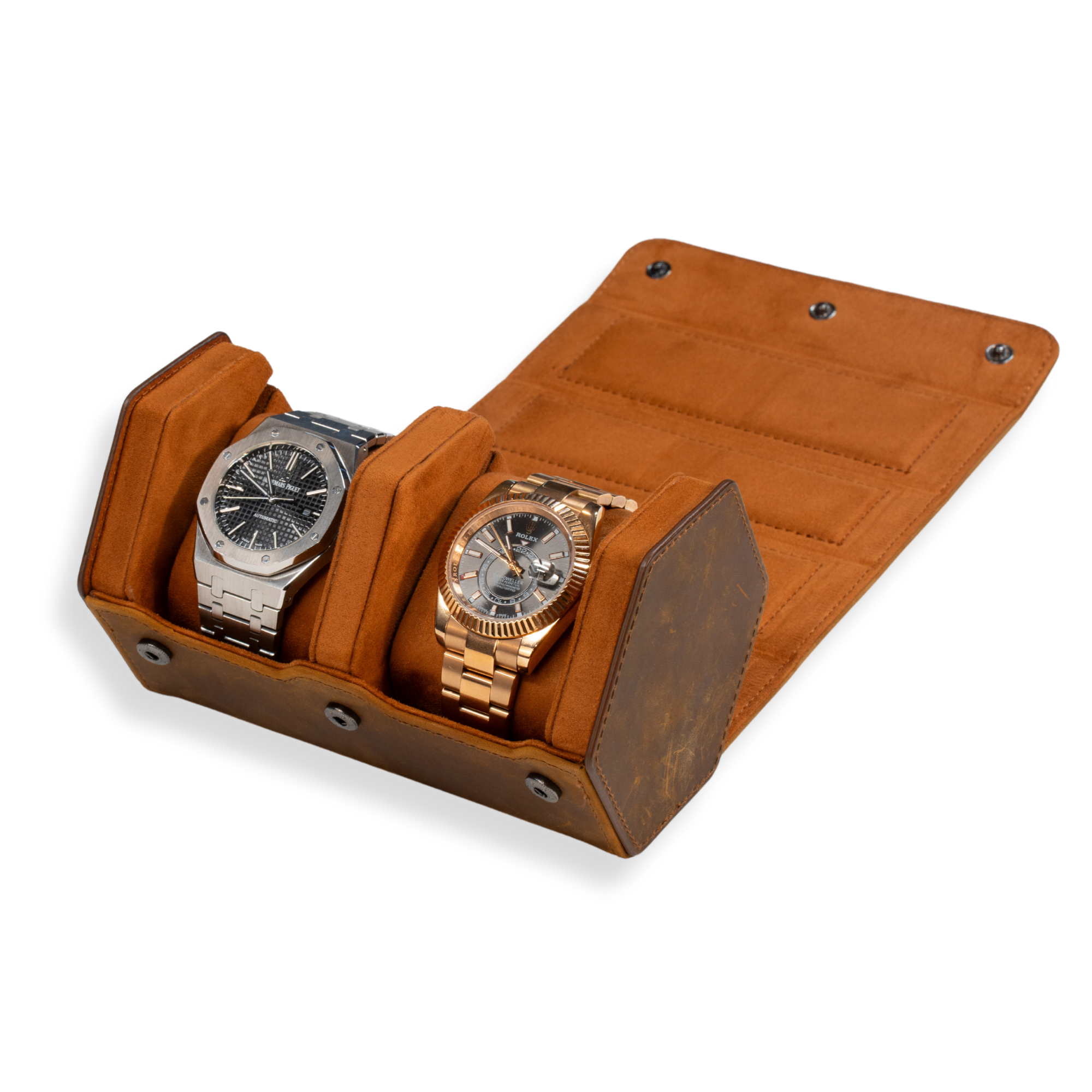 B-Ware – Hex-Leder-Uhrenrolle, 2 Fächer, Sattelleder/Braun