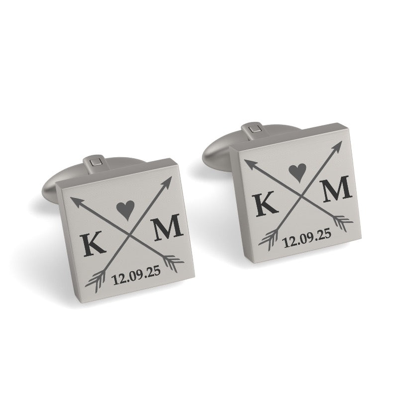 Crossed Arrows with Love Heart, Initials and Date Engraved Cufflinks