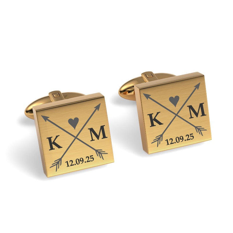Crossed Arrows with Love Heart, Initials and Date Engraved Cufflinks
