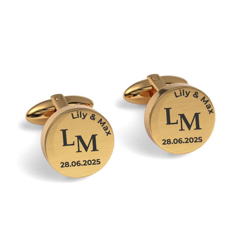 Couples Initials and Date Engraved Round Cufflinks