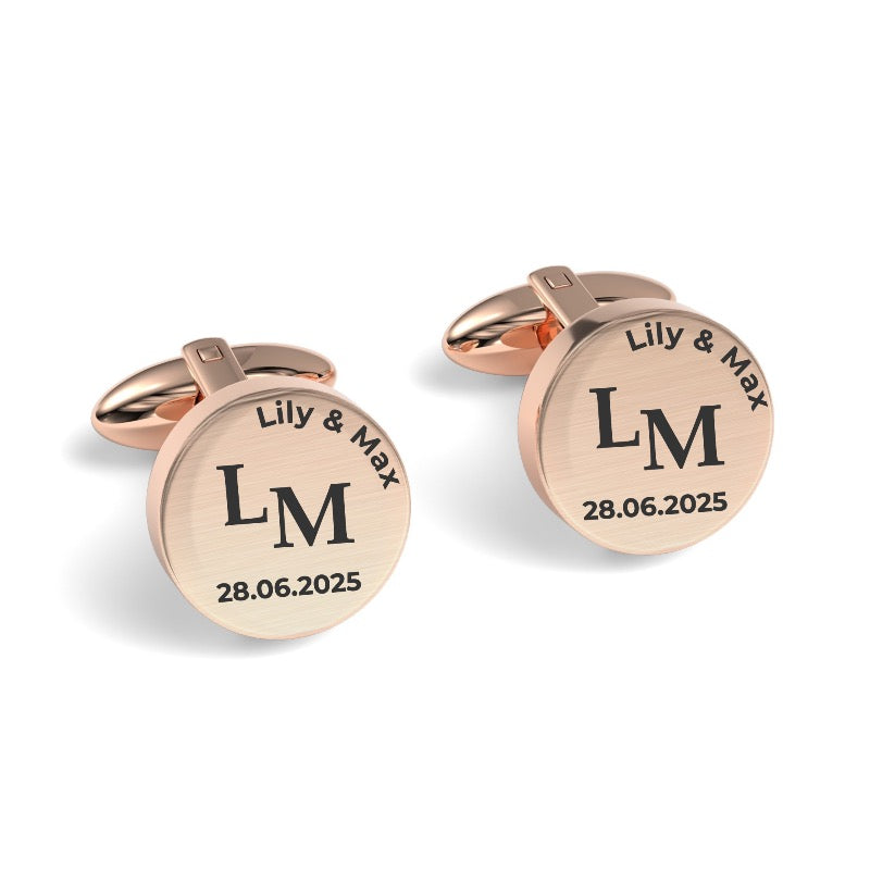 Couples Initials and Date Engraved Round Cufflinks