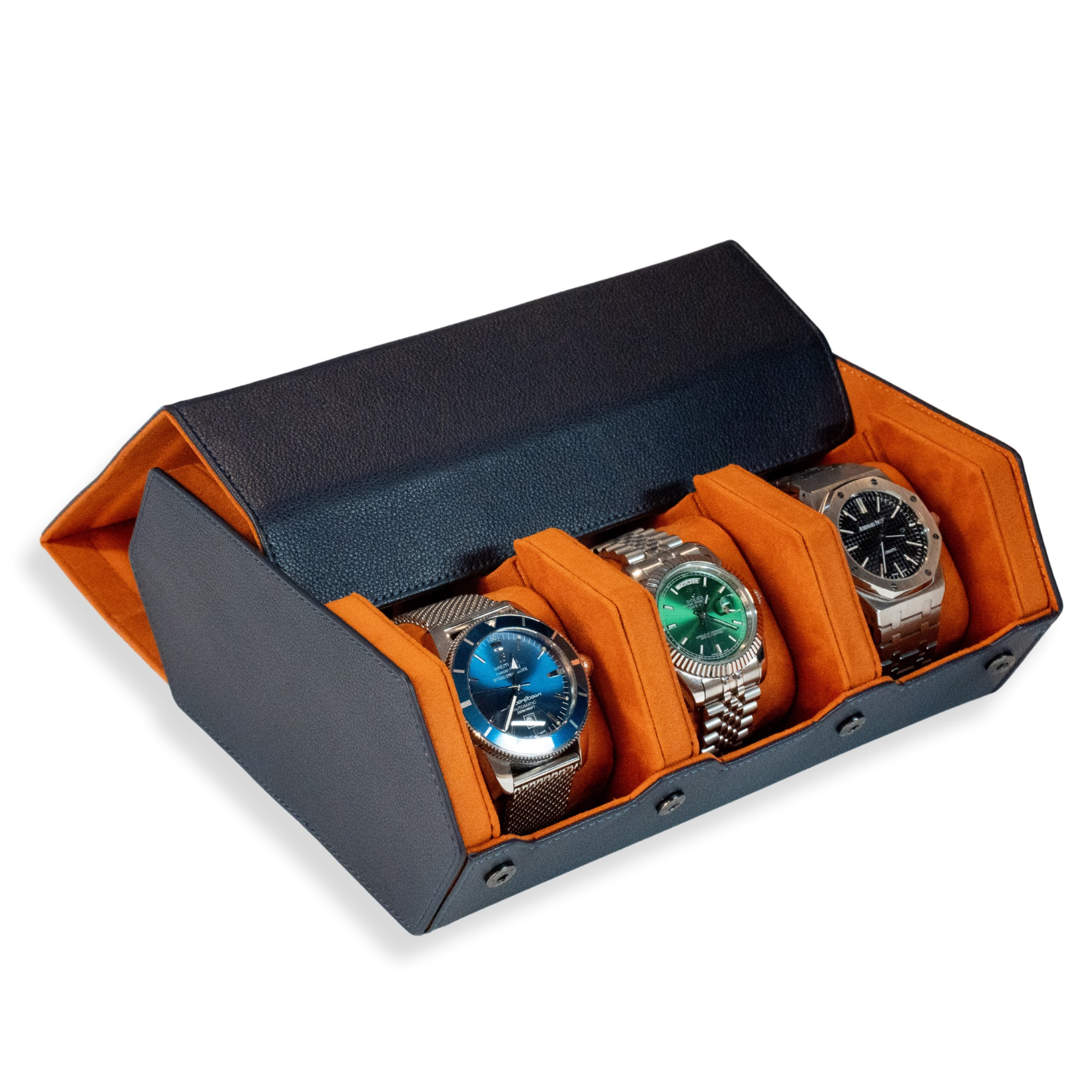 Seconds - Hex Leather Watch Roll 6 Slots in Navy/Orange