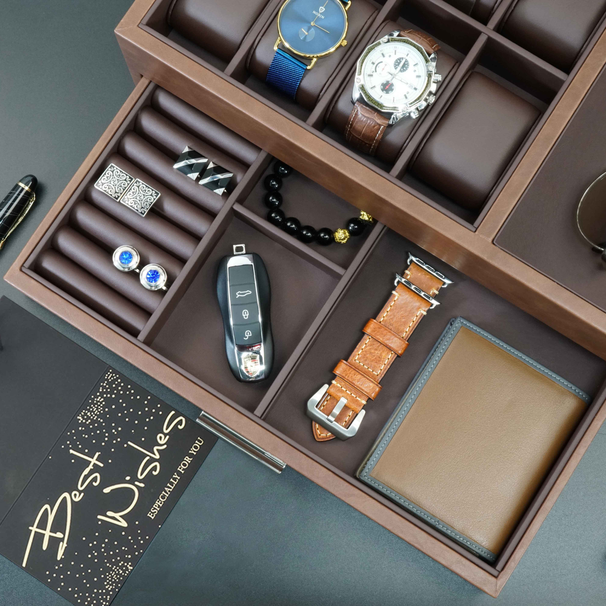 8-Fächer-Uhrenbox mit Utensilienablage und Schublade in Braun