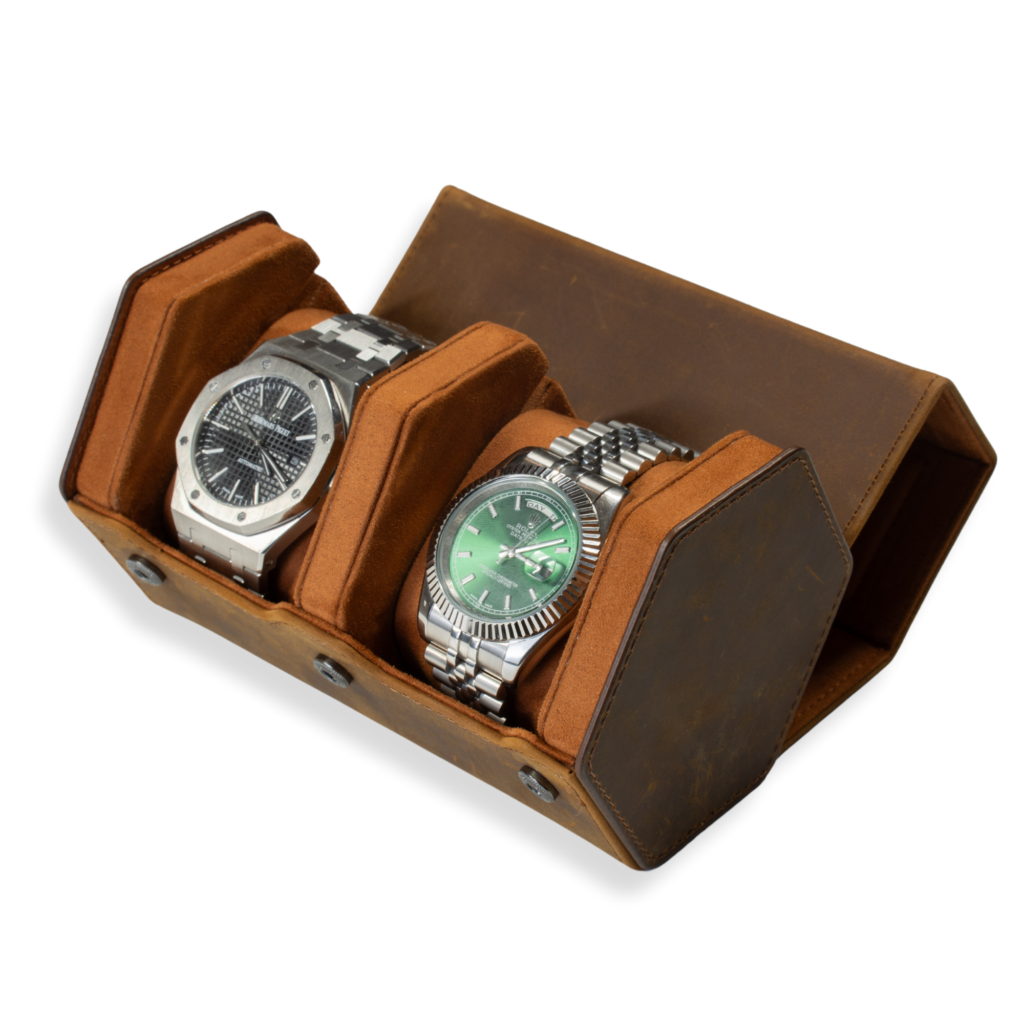 B-Ware – Hex-Leder-Uhrenrolle, 2 Fächer, Sattelleder/Braun