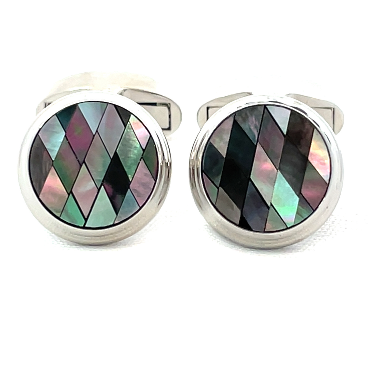 Black Diamond Mosaic Mother of Pearl in Round Silver Cufflinks