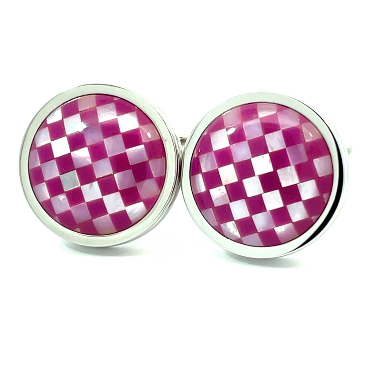 Mother of Pearl and Purple Checkerboard in Round Silver Cufflinks