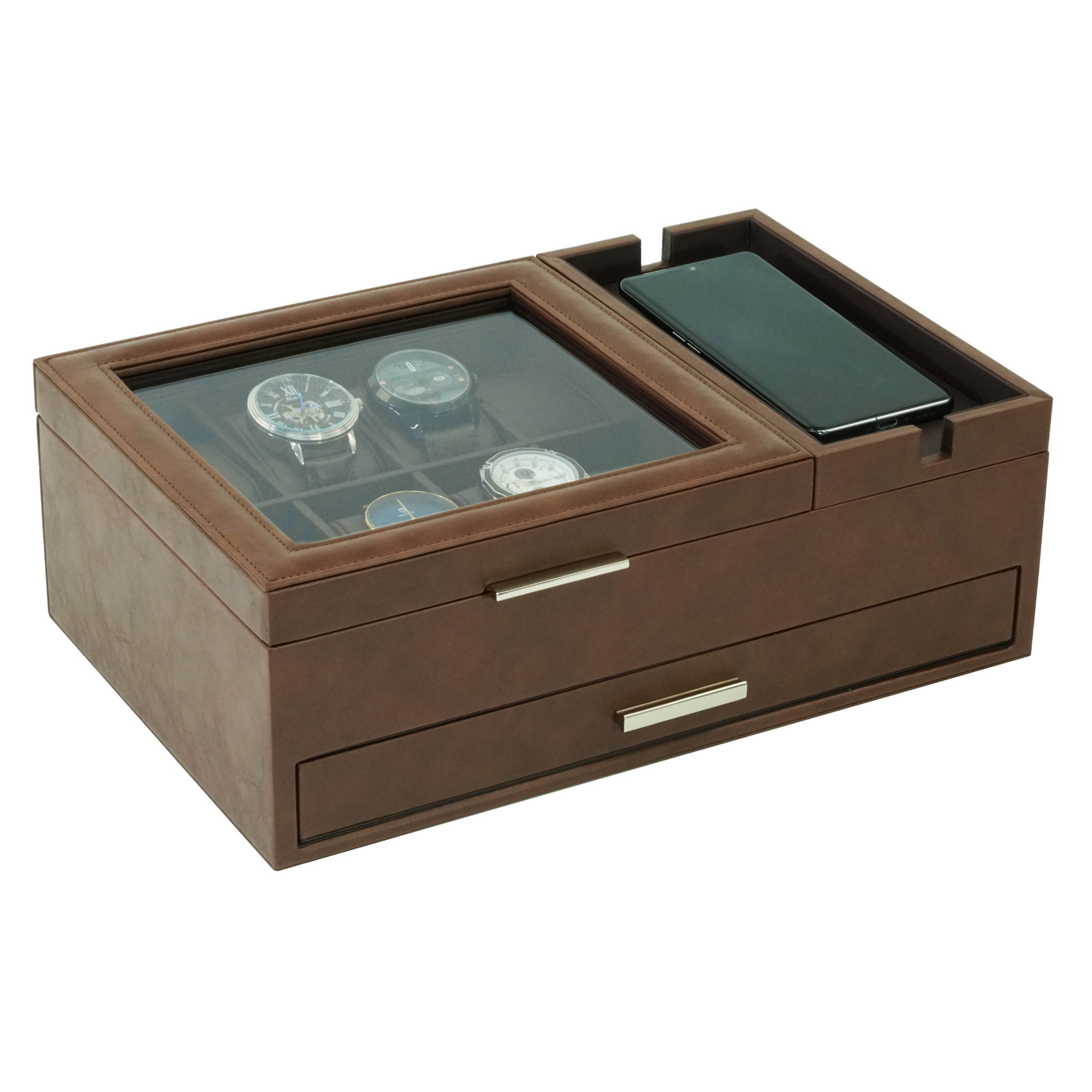 8-Fächer-Uhrenbox mit Utensilienablage und Schublade in Braun