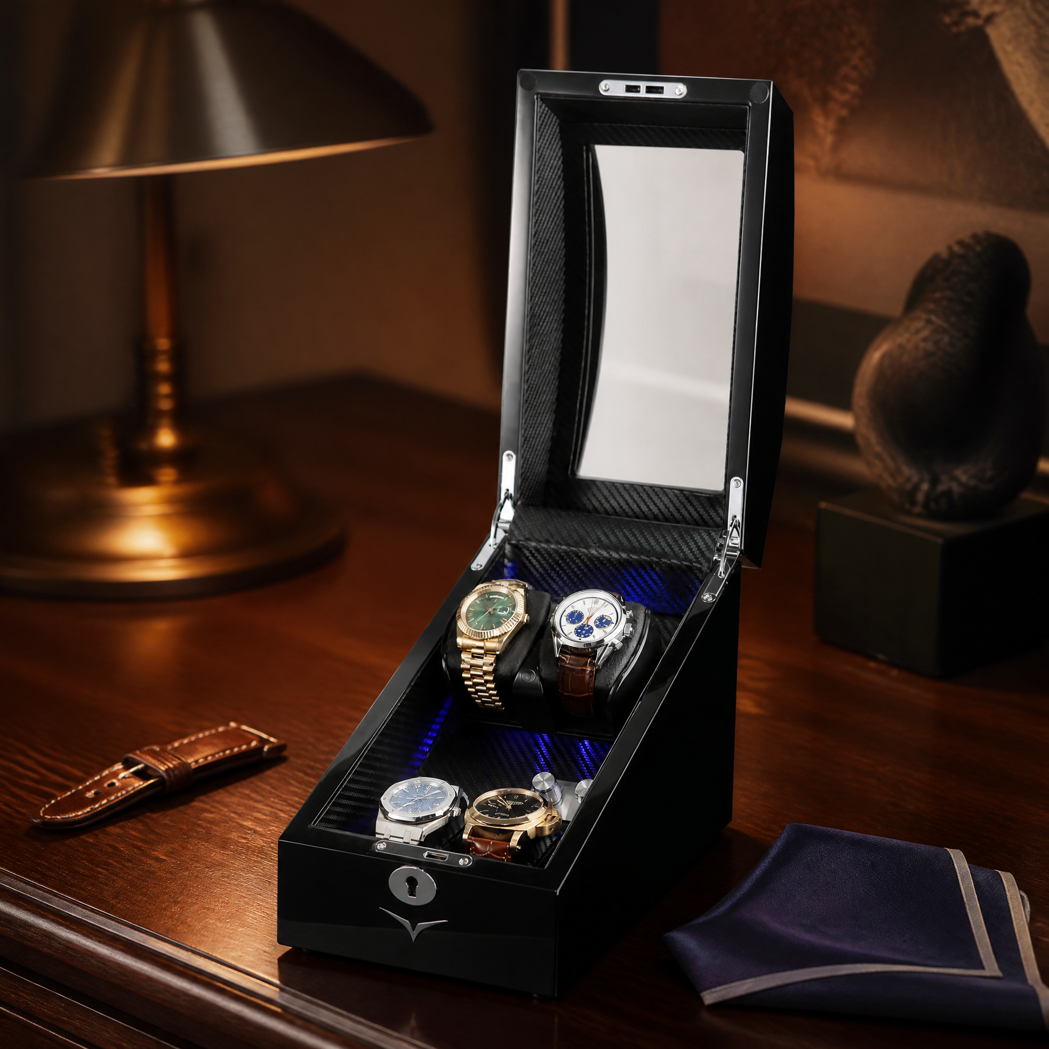 Avoca Watch Winder Box for 2 + 2 Watches in Black — lifestyle shot