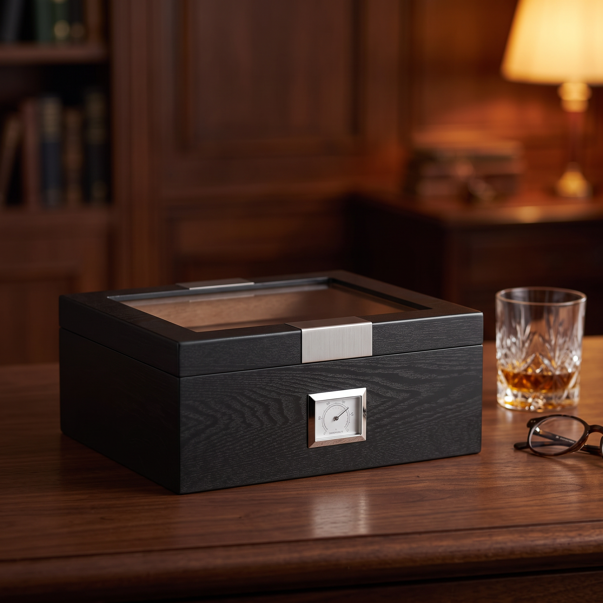 25 CT Black Cigar Humidor OAK Veneer Box for Cigars — lifestyle shot