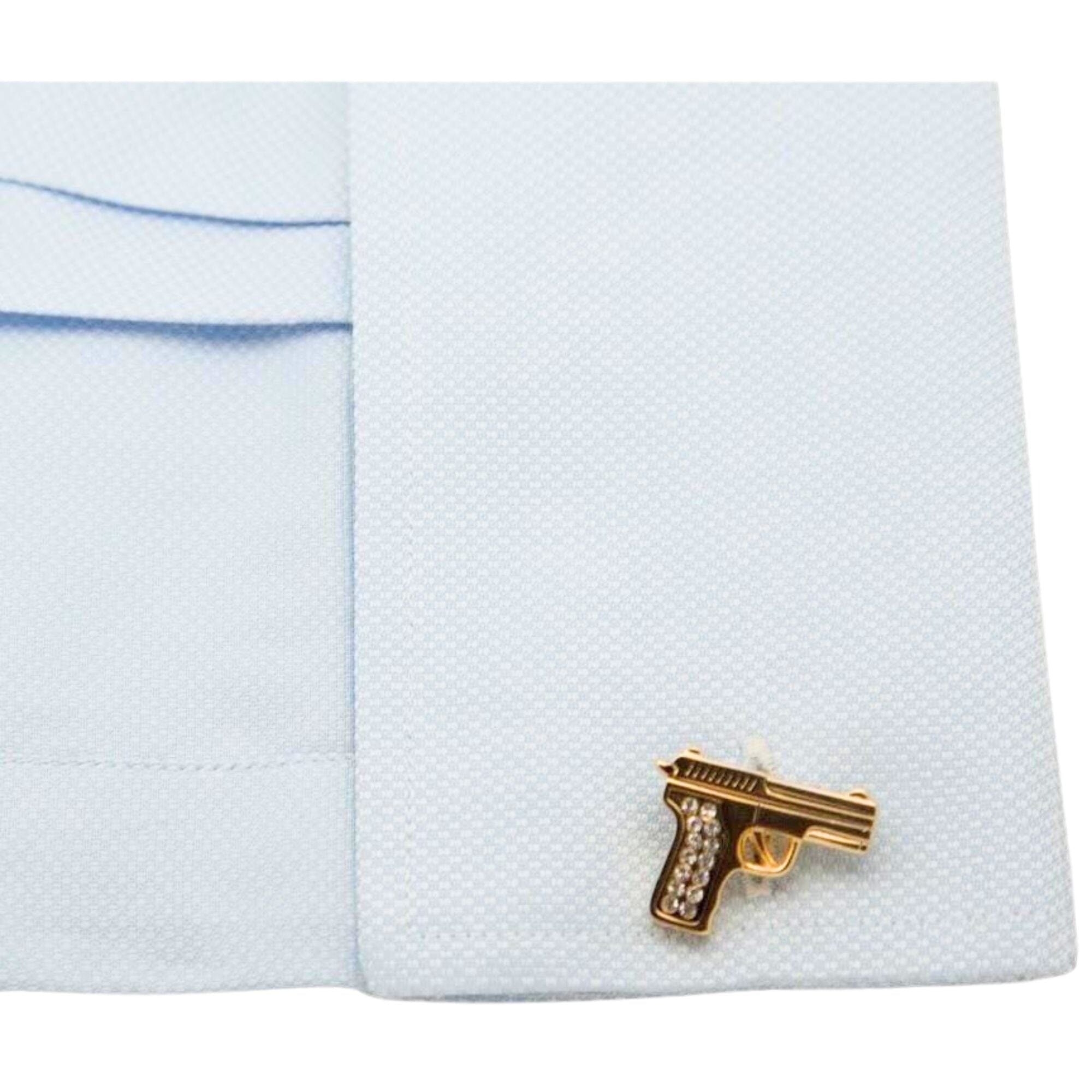 Gold Crystal 9mm Hand Gun Cufflinks Novelty Cufflinks Clinks Australia
