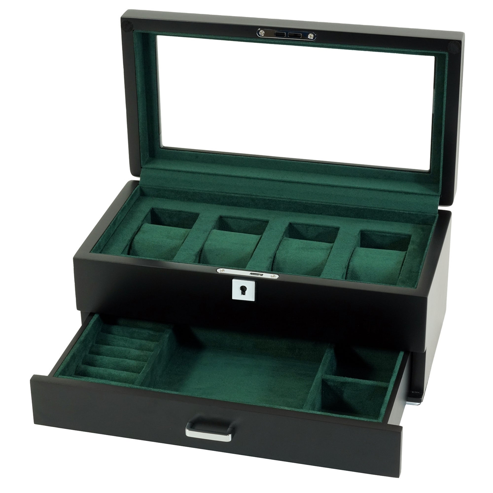 B-Ware – Uhrenbox aus Holz mit 4 Fächern, grünem Interieur und Schublade (A)
