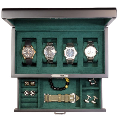 4 Slots Wooden Watch Box with Green Interior and Drawer