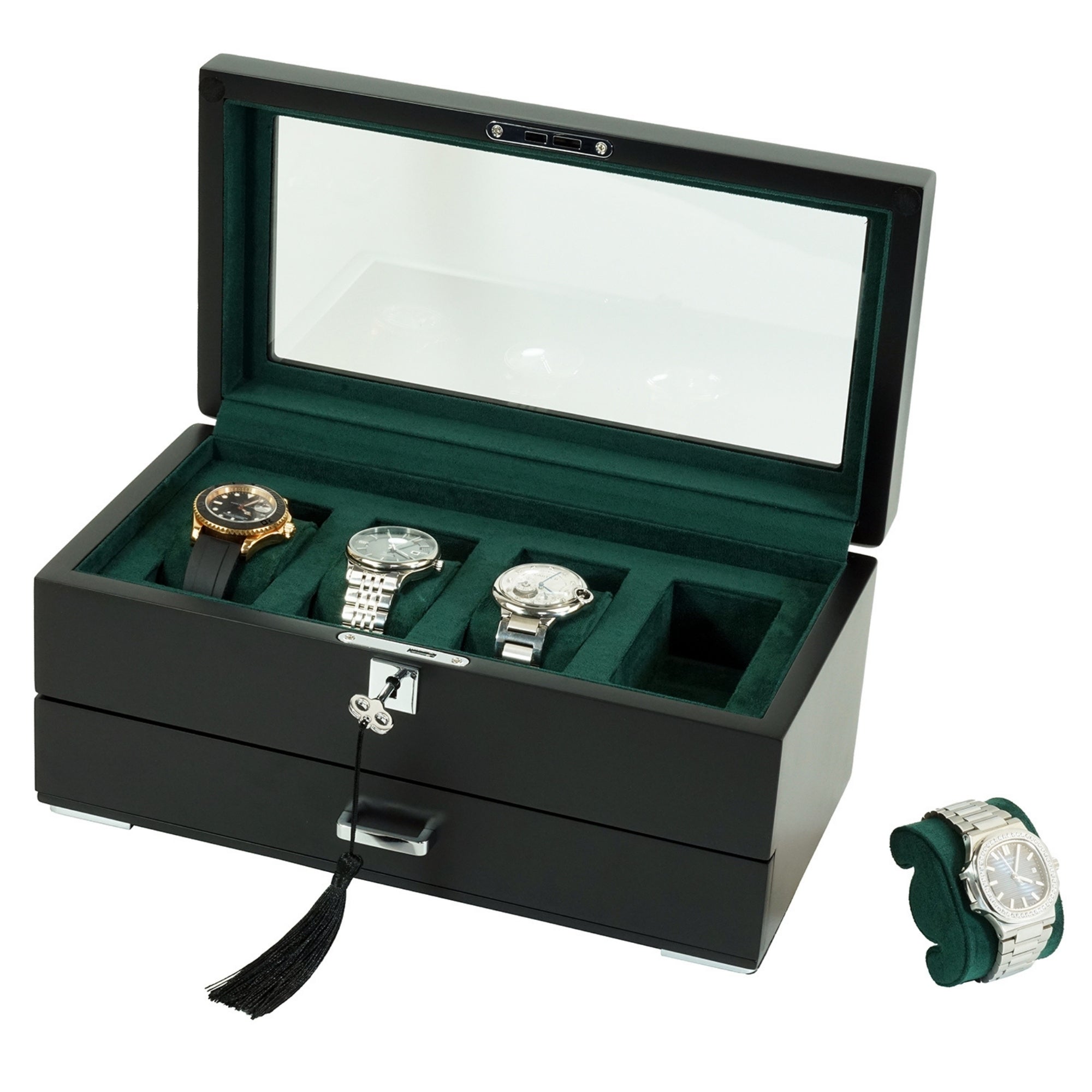 B-Ware – Uhrenbox aus Holz mit 4 Fächern, grünem Interieur und Schublade (A)