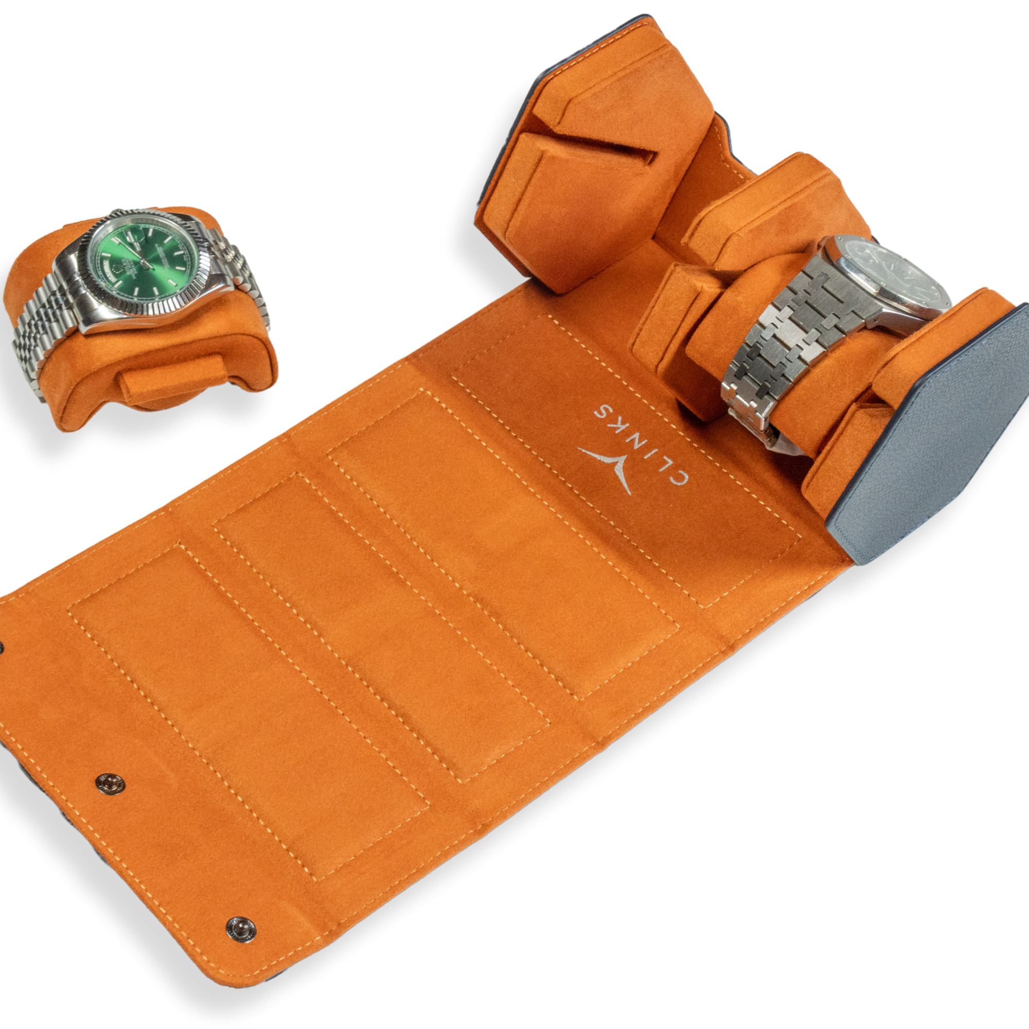 B-Ware – Hex-Leder-Uhrenrolle, 2 Fächer, Marineblau/Orange