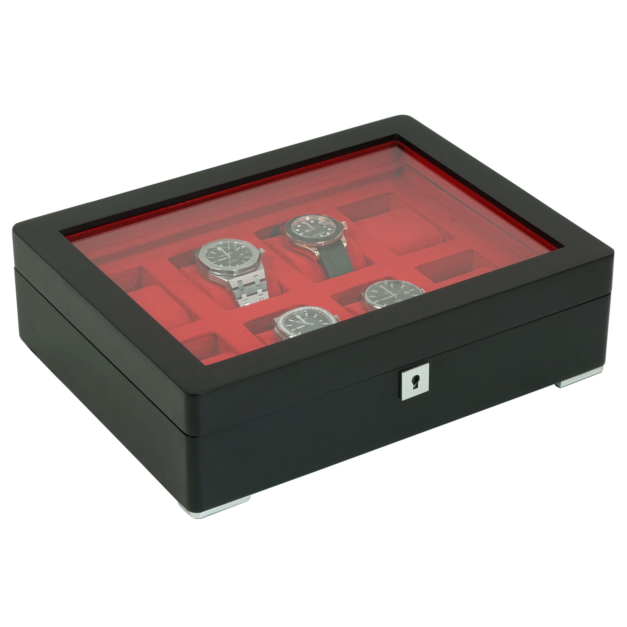 8-Fächer Schwarze Holz-Uhrenbox mit Rotem Innenraum