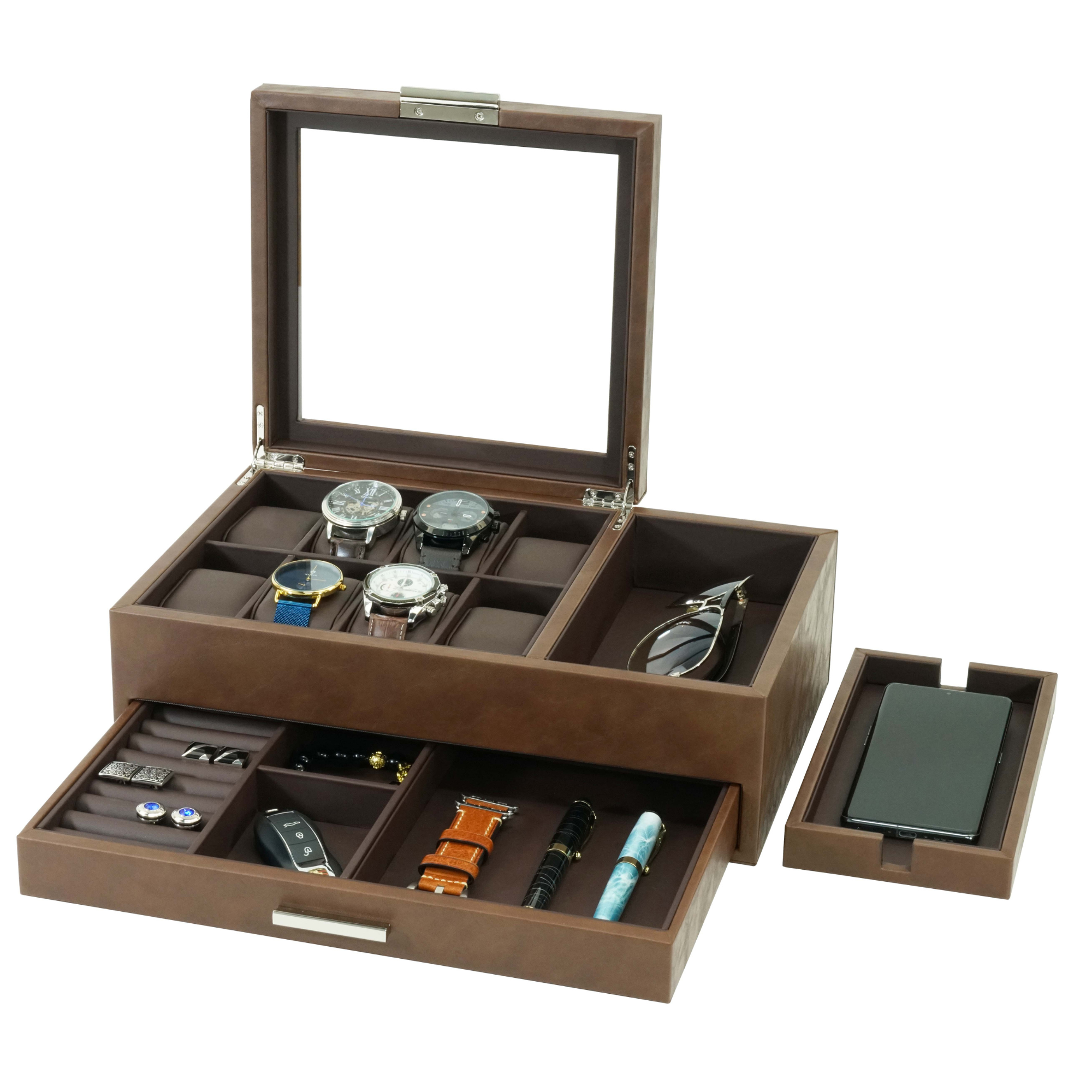 8-Fächer-Uhrenbox mit Utensilienablage und Schublade in Braun