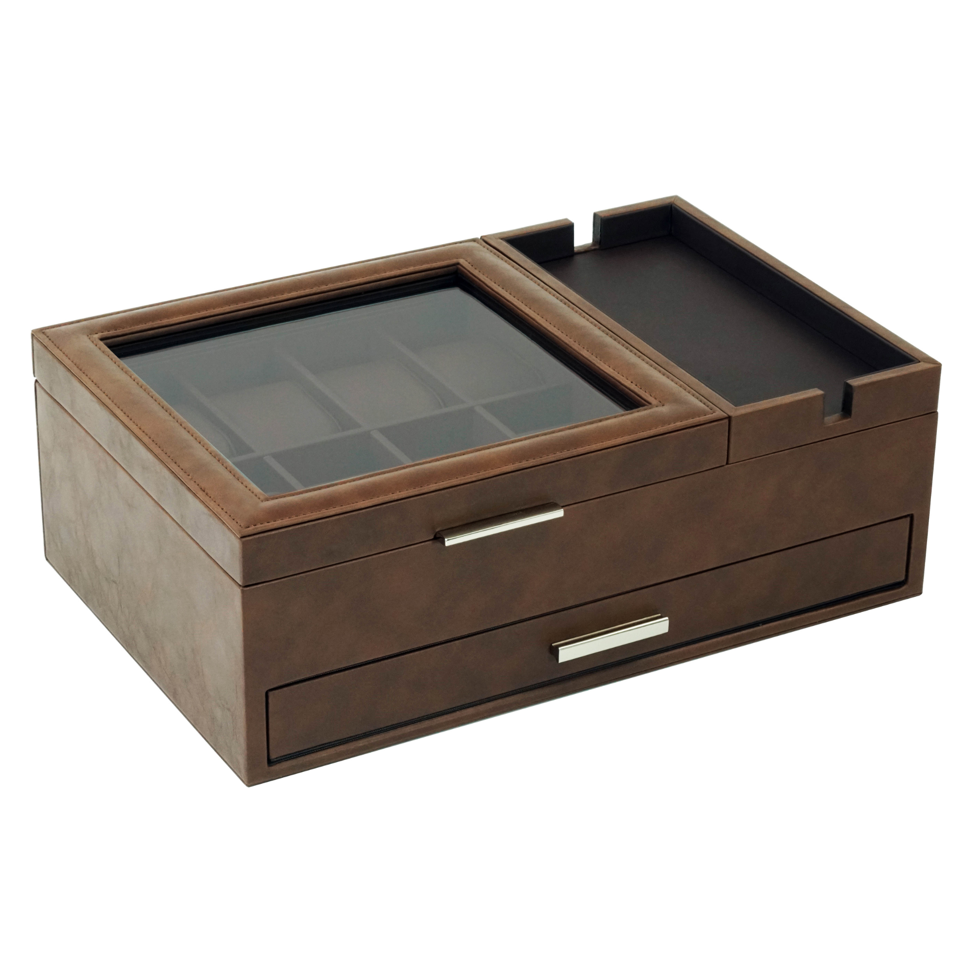 8-Fächer-Uhrenbox mit Utensilienablage und Schublade in Braun