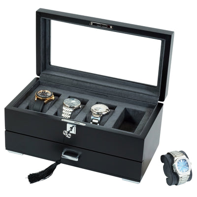 4 Slots Wooden Watch Box with Charcoal Interior and Drawer