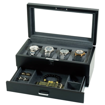 4 Slots Wooden Watch Box with Charcoal Interior and Drawer