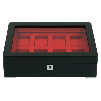 8 Slot Black Wooden Watch Box with Red Interior
