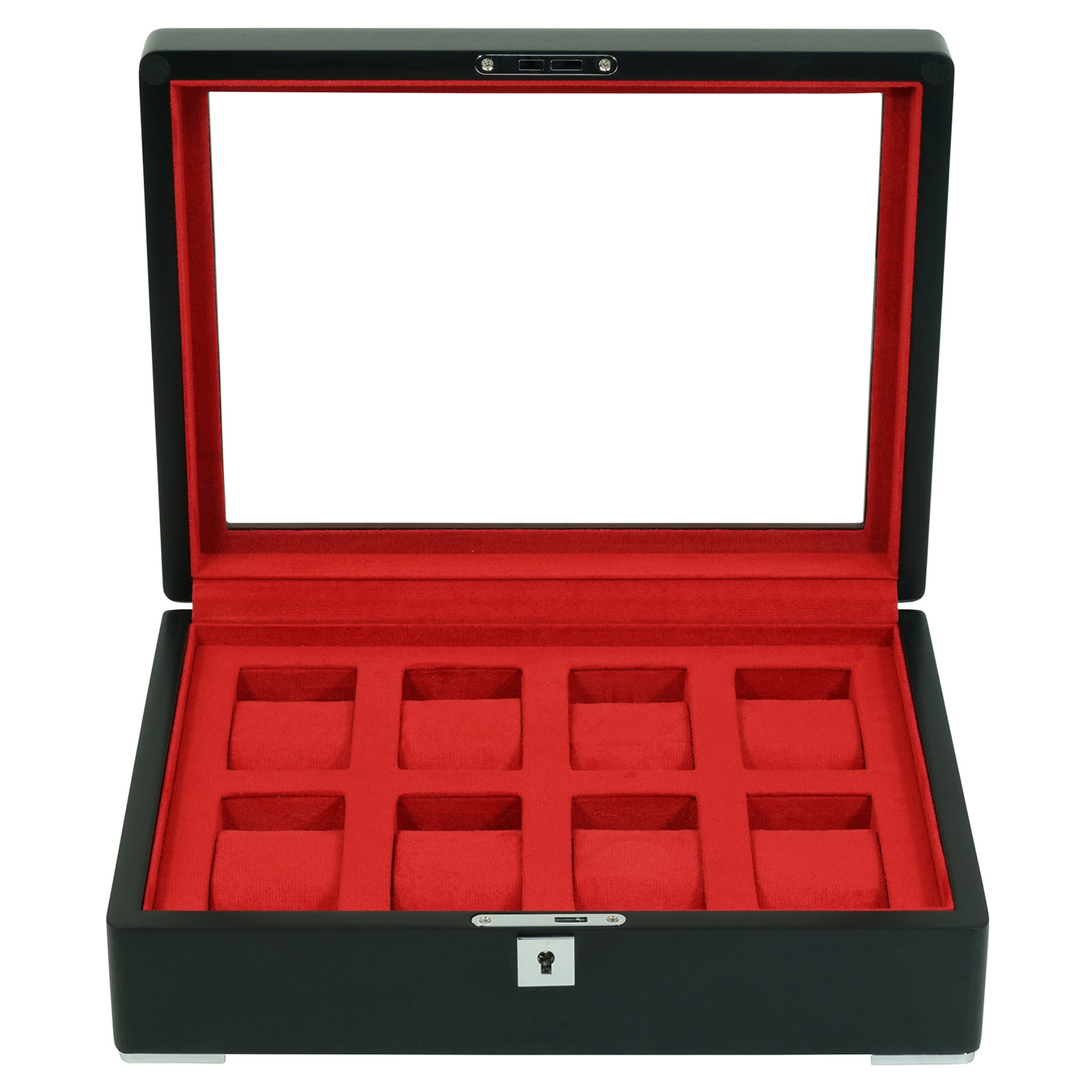 8-Fächer Schwarze Holz-Uhrenbox mit Rotem Innenraum