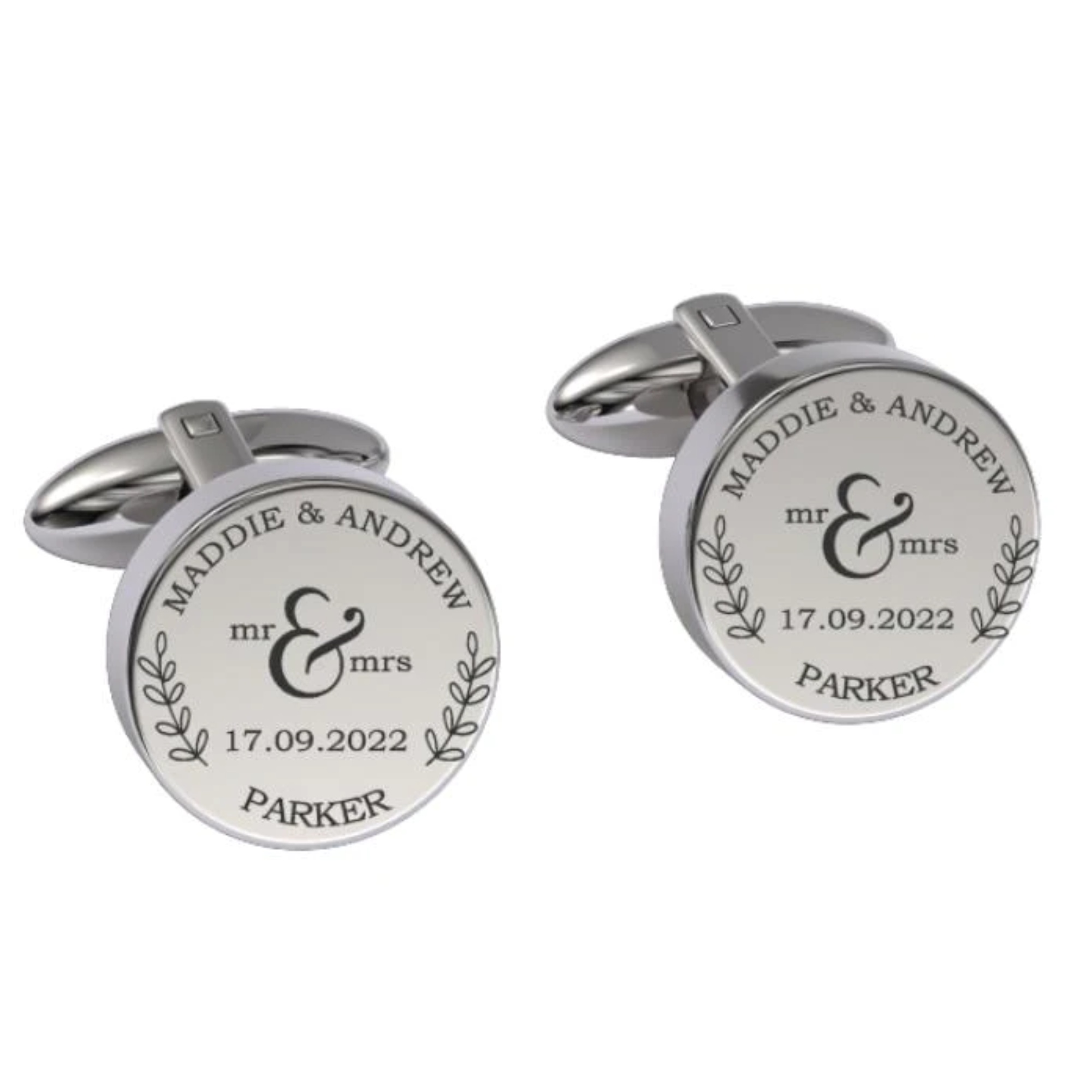 Mr + Mrs Name and Date Engraved Cufflinks in Silver