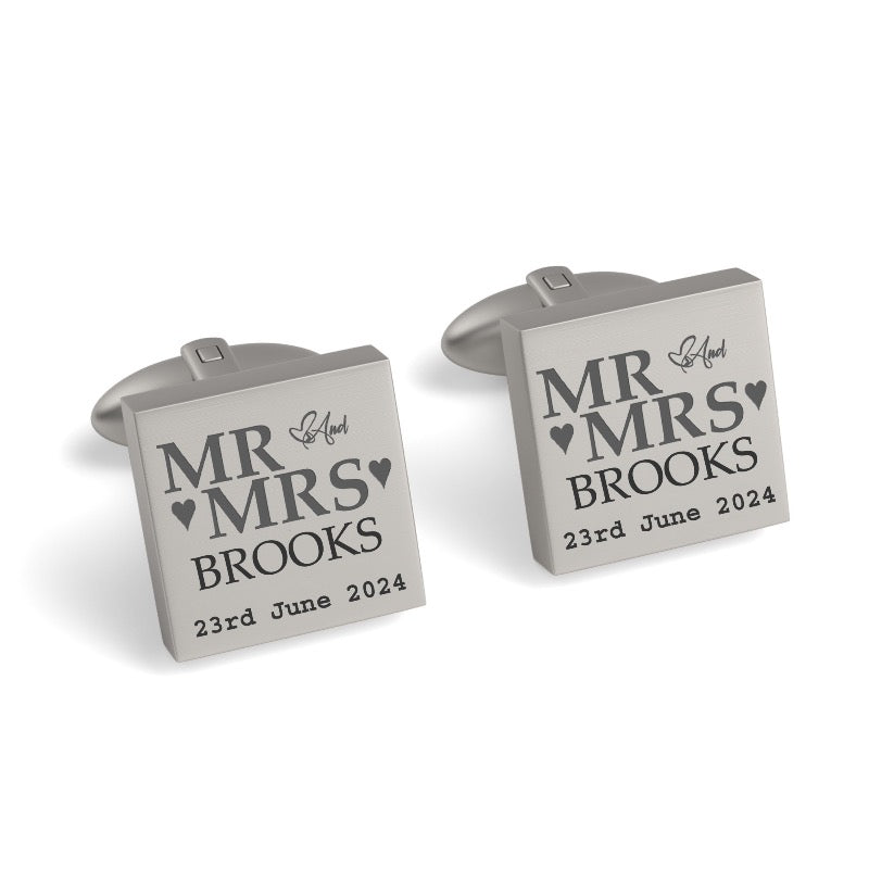 Mr & Mrs Last Name Love Heart with Date Engraved Wedding Cufflinks