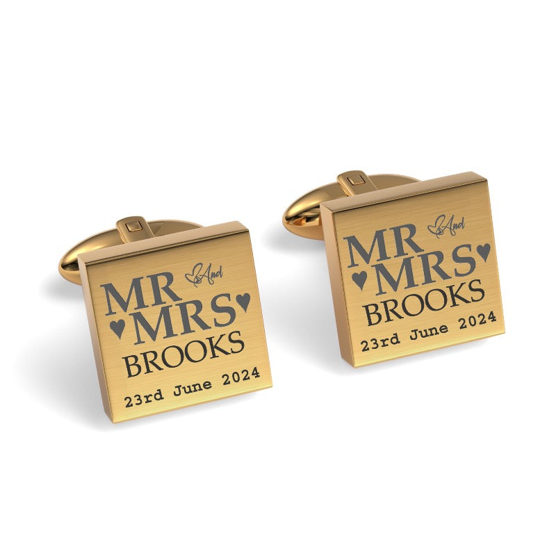 Mr & Mrs Last Name Love Heart with Date Engraved Wedding Cufflinks