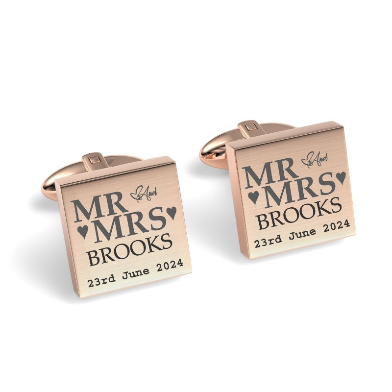 Mr & Mrs Last Name Love Heart with Date Engraved Wedding Cufflinks
