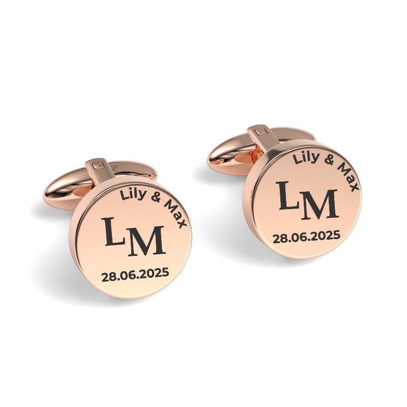 Couples Initials and Date Engraved Round Cufflinks