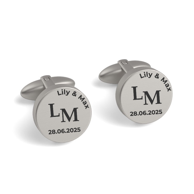 Couples Initials and Date Engraved Round Cufflinks