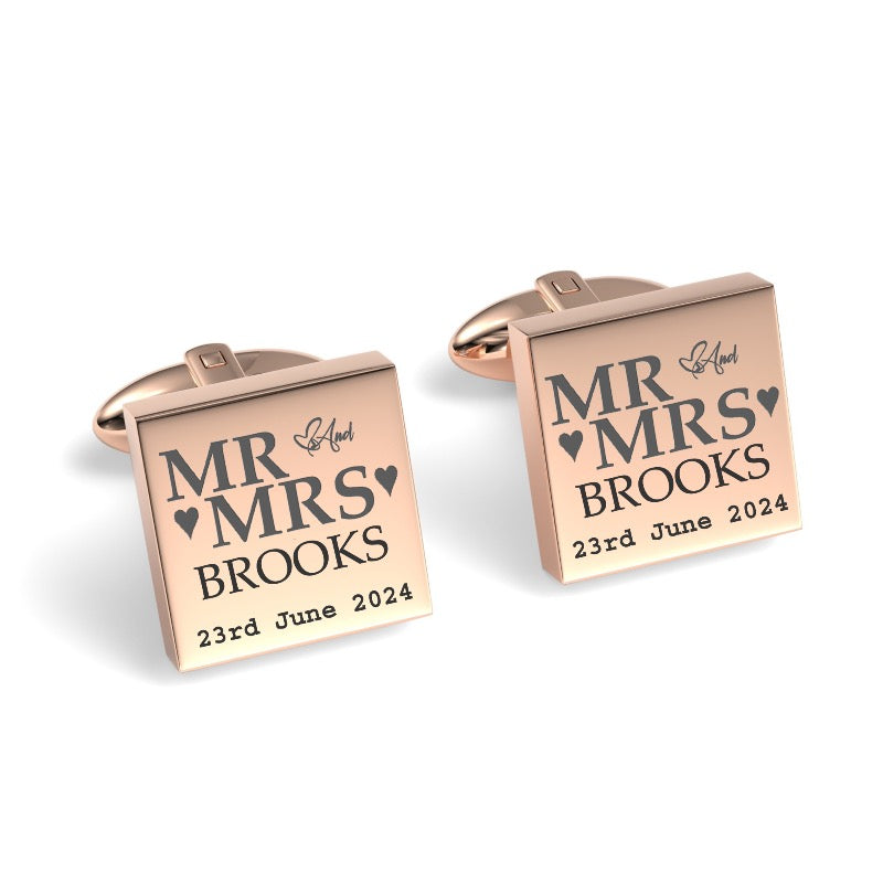 Mr & Mrs Last Name Love Heart with Date Engraved Wedding Cufflinks