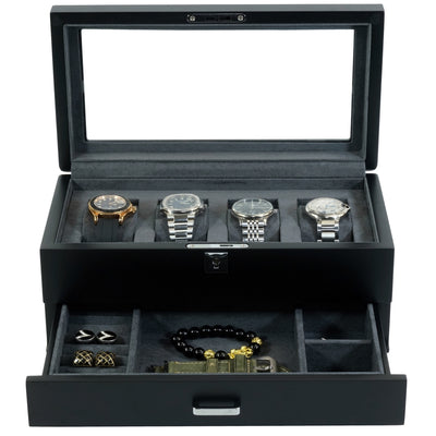 4 Slots Wooden Watch Box with Charcoal Interior and Drawer