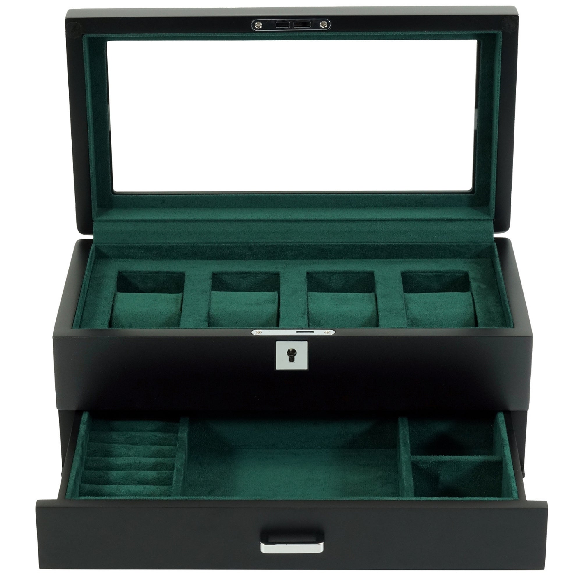 B-Ware – Uhrenbox aus Holz mit 4 Fächern, grünem Interieur und Schublade (A)