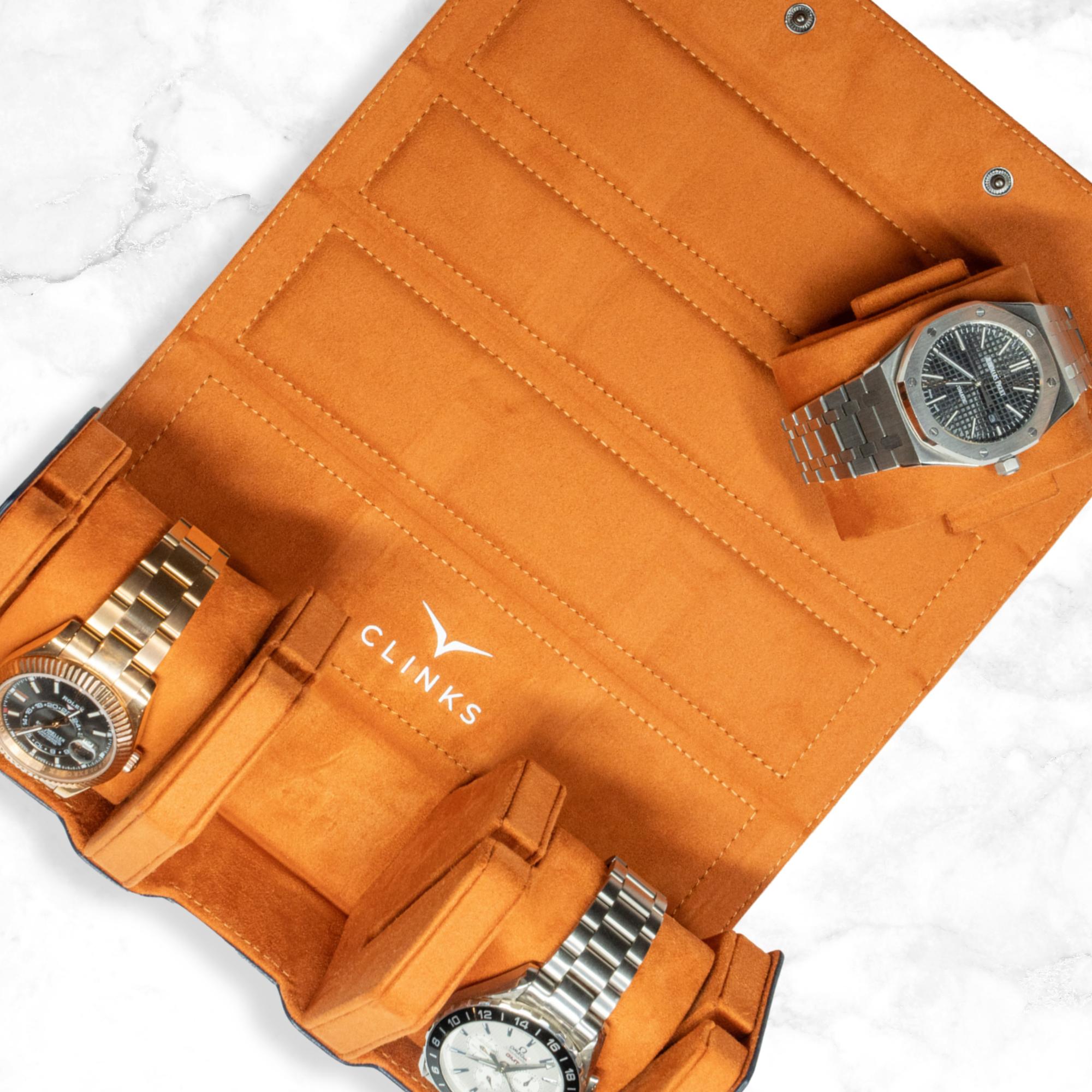 Hex Leather Watch Roll 3 Slots in Navy/Orange