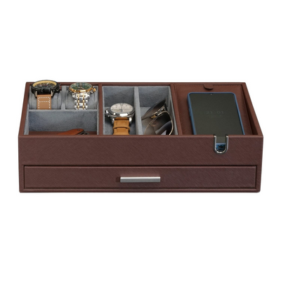 Leather Valet Tray with Drawer in Brown
