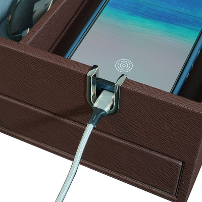 Leather Valet Tray with Drawer in Brown