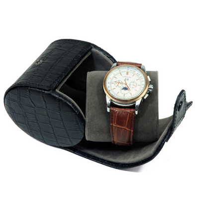 Travel Watch Roll Case for 1 in Black Genuine Leather