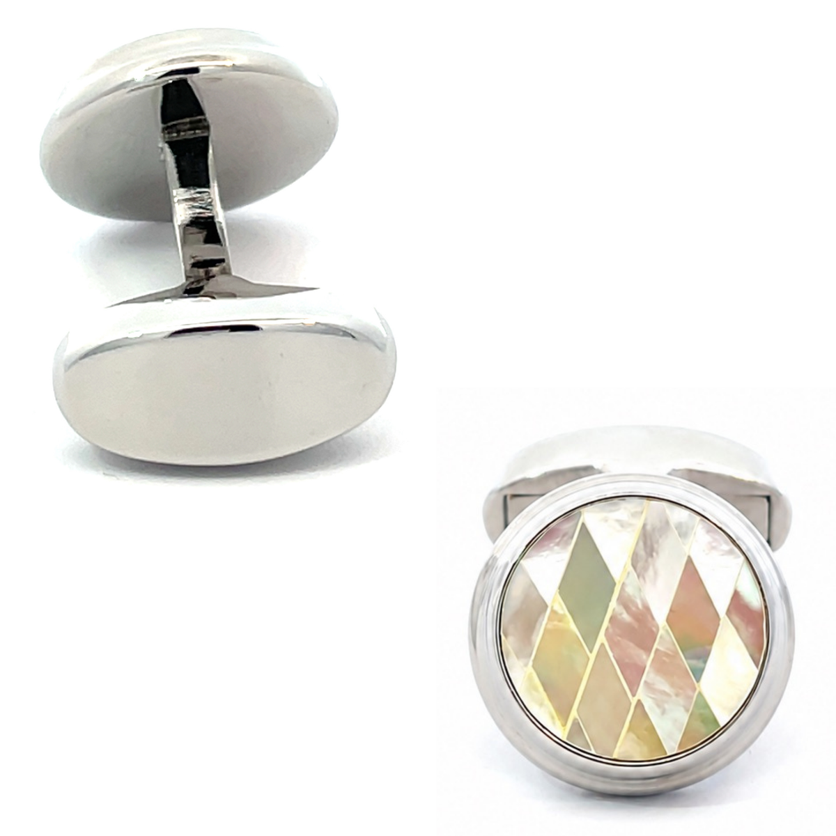 Diamond Mosaic Mother of Pearl Cufflinks in Round Silver