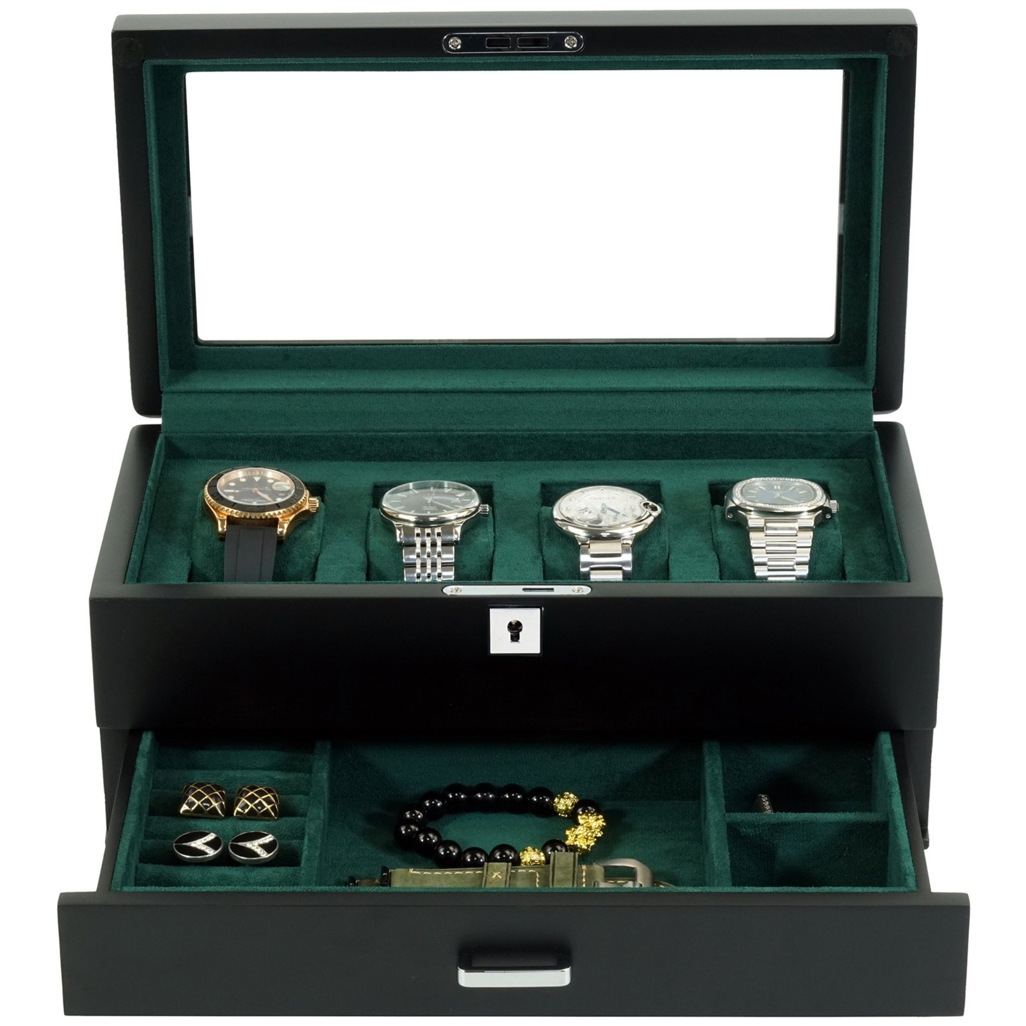 B-Ware – Uhrenbox aus Holz mit 4 Fächern, grünem Interieur und Schublade (A)