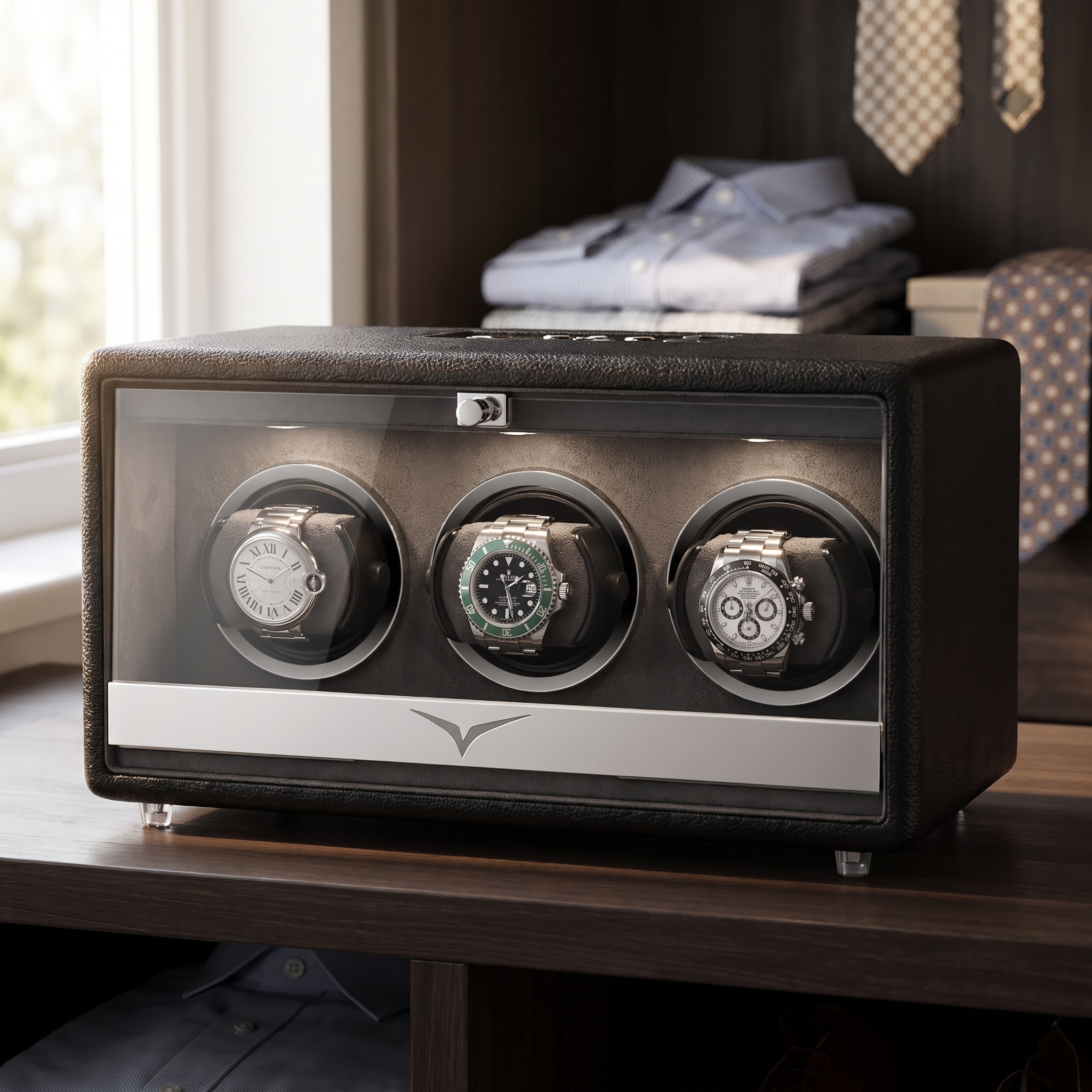 Evandale Watch Winder for 3 Watches in Black Leather — lifestyle shot