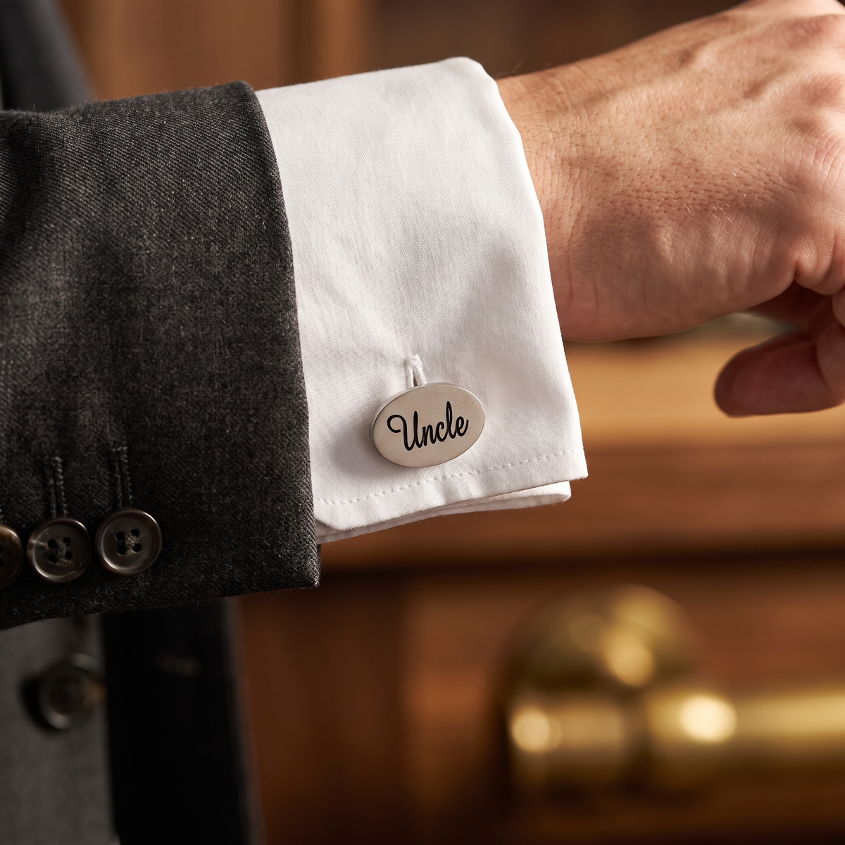 Uncle Script Cufflinks — lifestyle shot