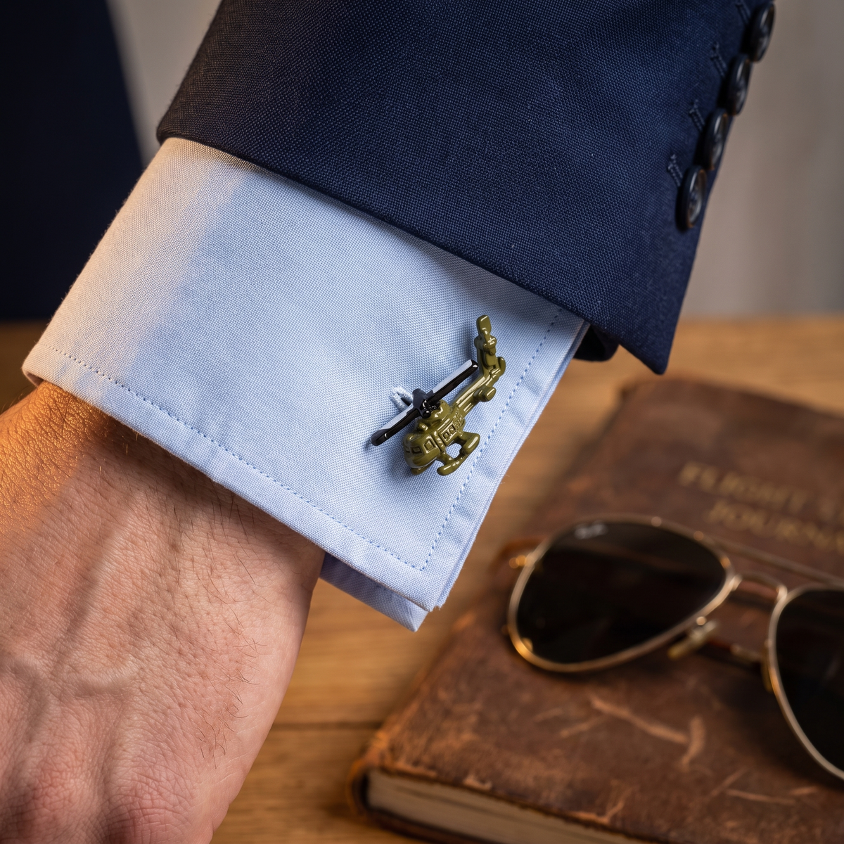 UH-1 Huey Helicopter Cufflinks — lifestyle shot