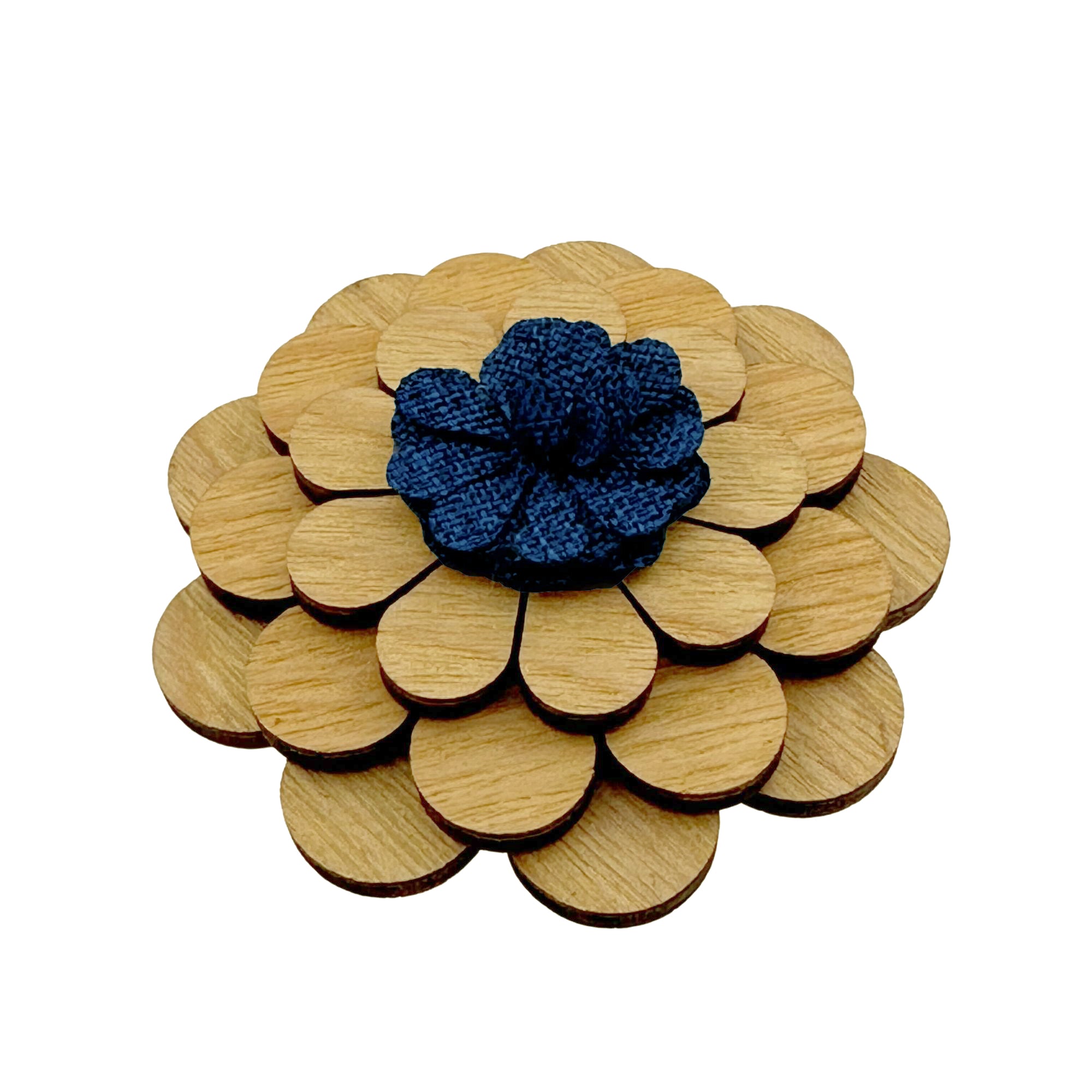 Wooden Flower with Blue Fabric Centre Lapel Pin