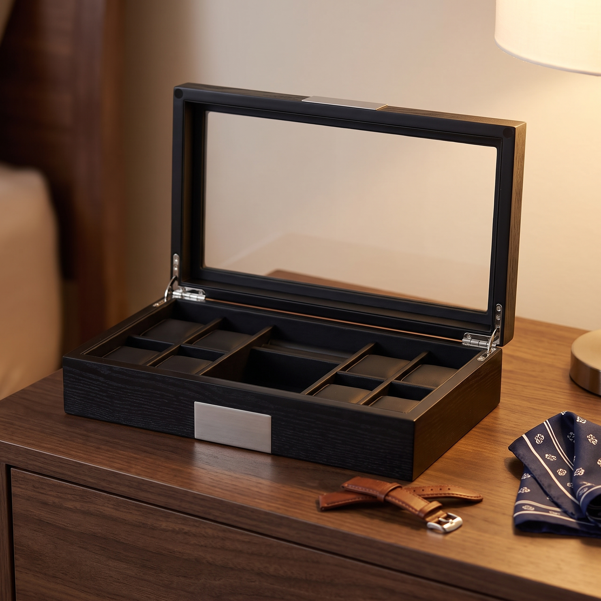 Black Wooden Watch Box for 8  Watches+ Organiser — lifestyle shot